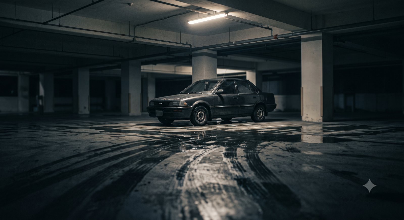 夜間停車場裡的單一車輛
